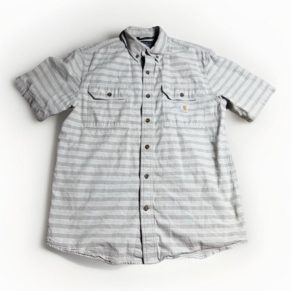 Carhartt Mens‎ Medium Loose Fit Short Sleeve Button Down Striped Work Shirt Grey